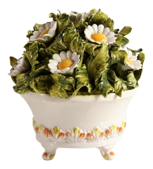 Vintage Mid Century Italian Majolica Ceramic Figural Pot of Daisy Flowers - Pair Available