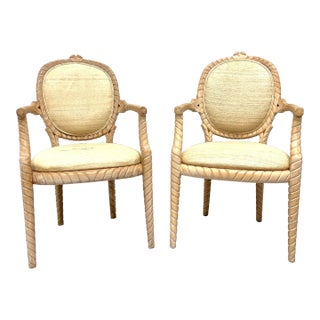 1980's Carved Whitewashed Wood Boho Rope Twist Dining Armchairs - Pair For Sale