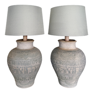 Pair Textured Brutalist Terracotta Table Lamps From 70's