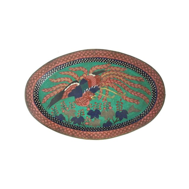 Japanese Antique Early Meiji Japanese Cloisonne Phoenix Bird Tray For Sale - Image 3 of 9
