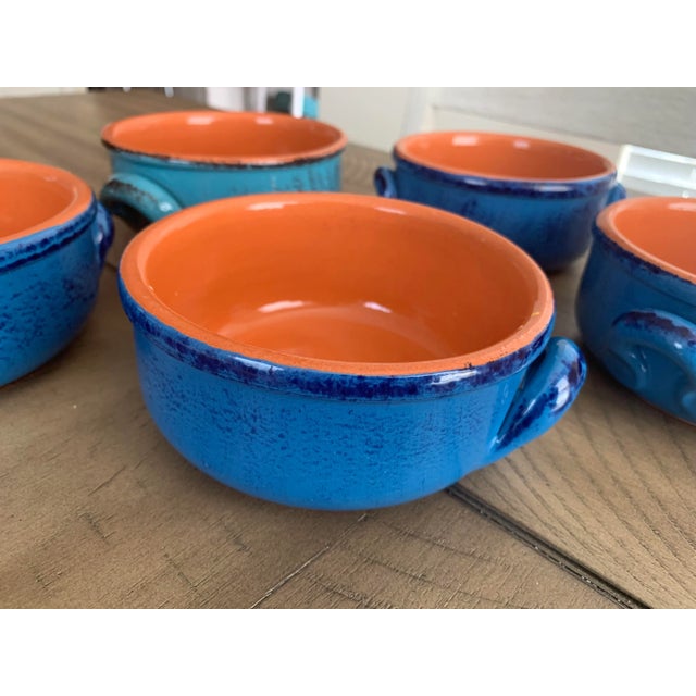 Vintage DeSilva Rustic Painted & Glazed Terra Cotta Soup Bowls With Handles- Set of 5 For Sale - Image 4 of 12