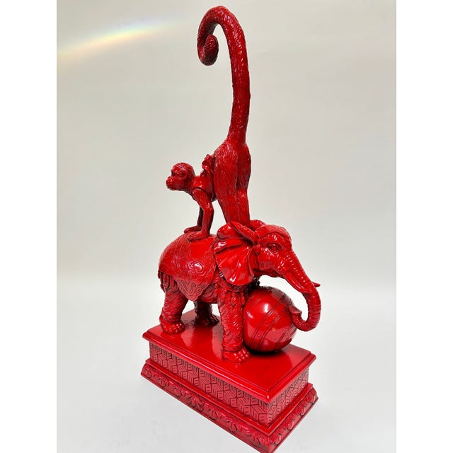 Hollywood Regency Chinoiserie Red Elephant & Monkey Sculpture Glossy Resin 1970s For Sale In Palm Springs - Image 6 of 15