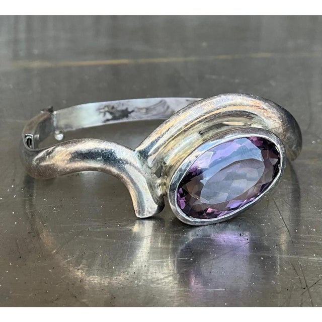 Mid-Century Modern Vintage Sterling Silver Amethyst Cuff For Sale - Image 3 of 12