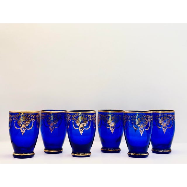 Early 20th Century Bohemian Glass Blue & Gold Decanter Set- 6 Glasses & Decanter For Sale - Image 9 of 11