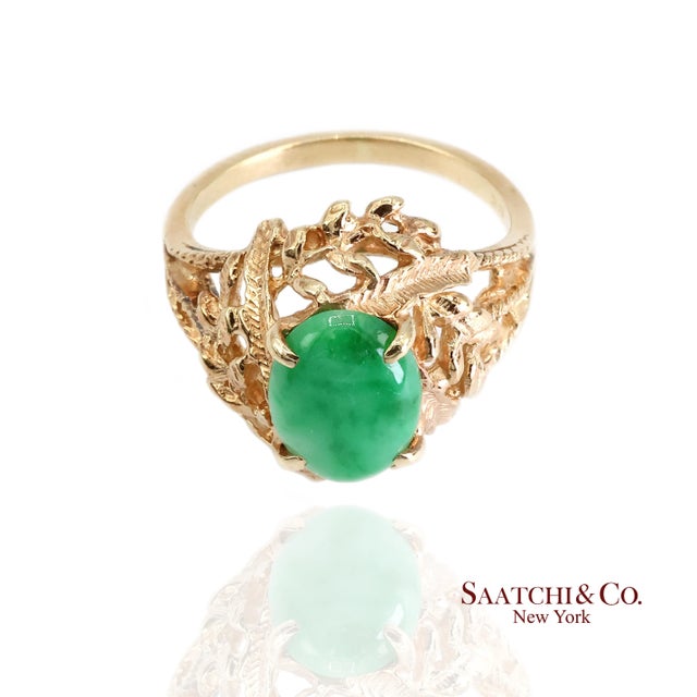 Mid 20th Century Mid 20th Century 14k Jade Ring Womens Size 6.25 Vintage Yellow Gold Cabochon Style For Sale - Image 5 of 10