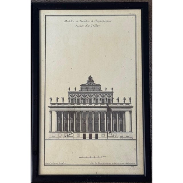 A refined pair of antique French architectural engravings depicting neoclassical theatre and basilica façades, rendered...