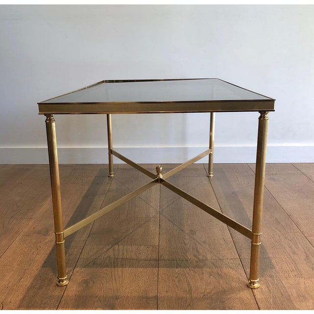 1940s 1940s Neoclassical style gold metal coffee table with blueish glass top For Sale - Image 5 of 12