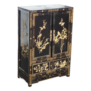 Vintage Oriental Chinese Chinoiserie Black Lacquer Cabinet W Drawers 2of2 For Sale