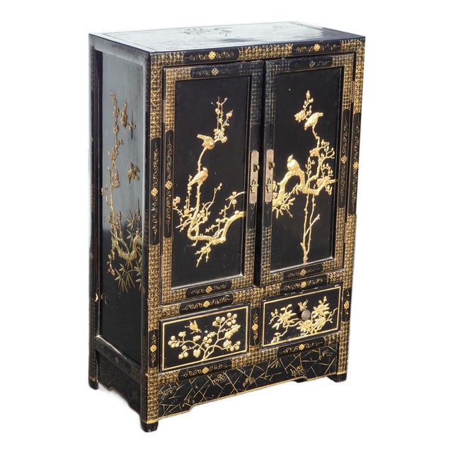 Vintage Oriental Chinese Chinoiserie Black Lacquer Cabinet W Drawers 2of2 For Sale