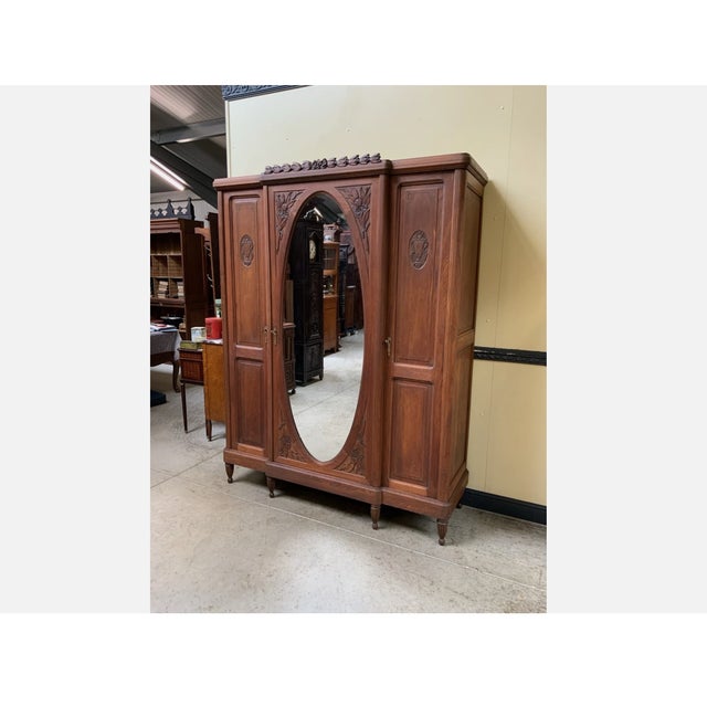 Wood Antique Art Nouveau Wardrobe with Linen Compartments, 1910 For Sale - Image 7 of 11