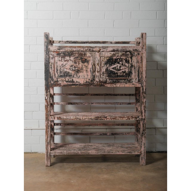 Late 20th Century Distressed Pink Wooden Shelf Cabinet With Graphic Patina For Sale - Image 5 of 6