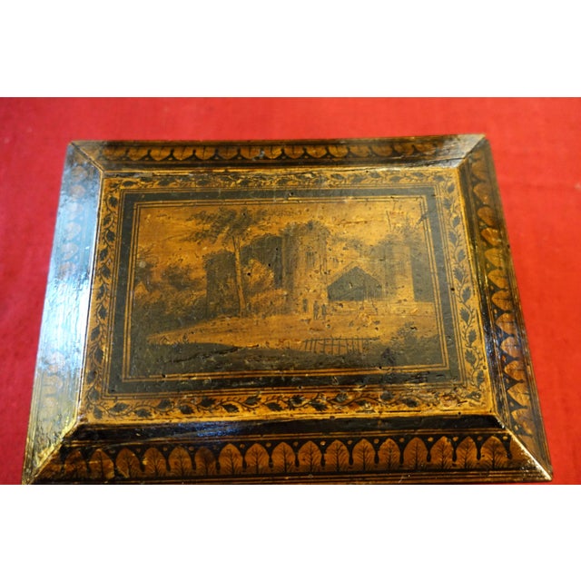 Very beautiful 18th-century painted wooden box pastoral scene and oak leaf frieze tomb-shaped beautiful brass elements...