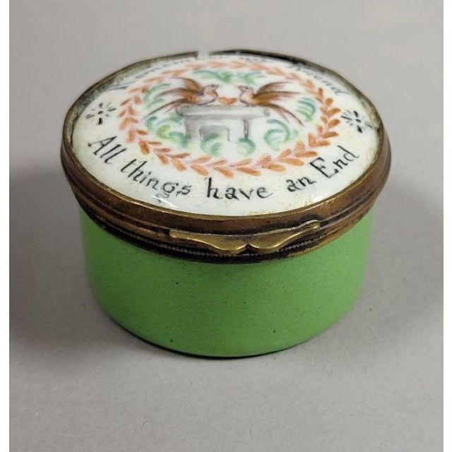 Very fine hand painted English Battersea enamel patch box, circa 1750.