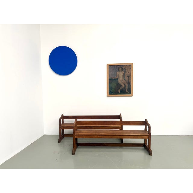 Maison lecan presents this pair of solid oak benches, france, 1950s. This type of furniture, designed for schools, waiting...