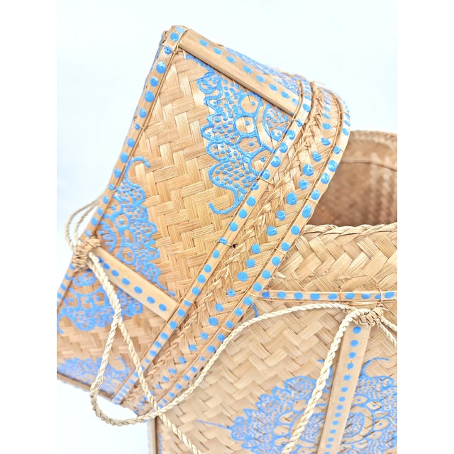 Blue Large Hand Painted Balinese Woven Basket For Sale - Image 8 of 14