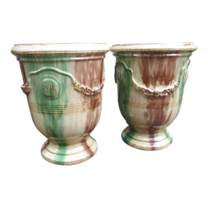Pair of Large Flamme Glazed Terra Cotta Garden Planters From Anduze France