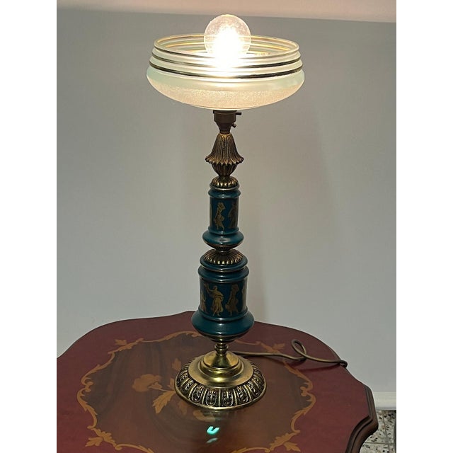 Antique French Brass and Porcelain Glass Shade Table Lamp from Unbekannt, 1920s For Sale - Image 3 of 11