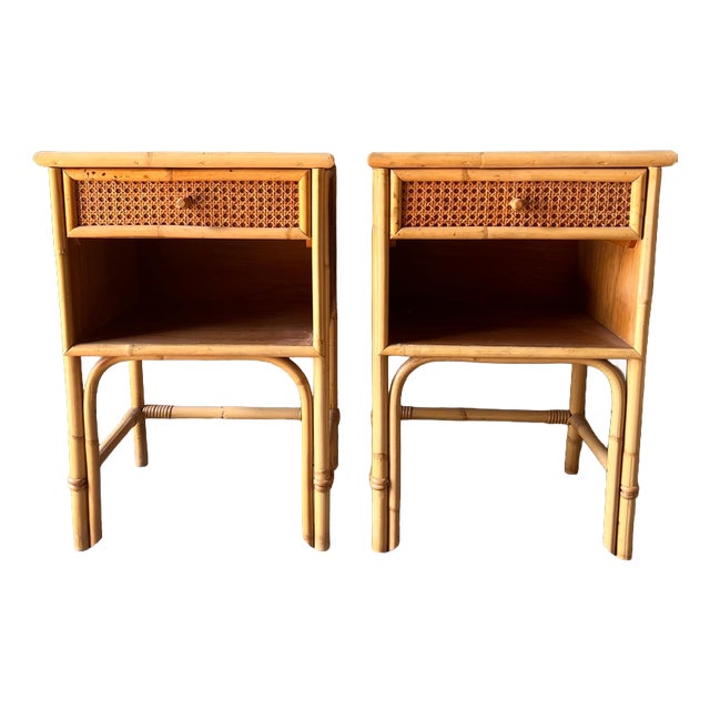 Cane Bedside Tables with Drawer and Enclosed Shelf, Set of 2 For Sale