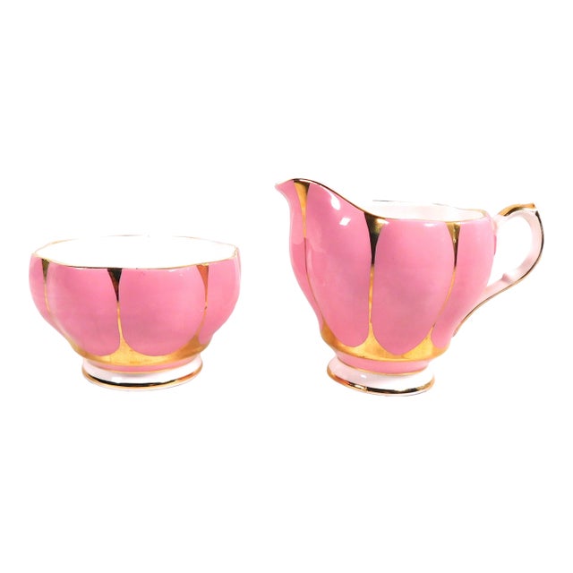 1950s Queen Anne Pink Bone China Sugar Bowl and Creamer For Sale