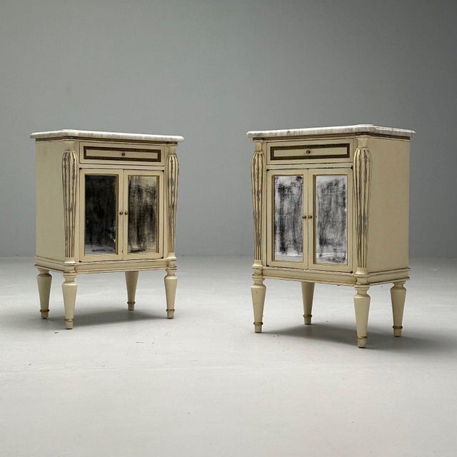 1940s Maison Jansen, Hollywood Regency, Side Table Cabinets, Distressed Mirror, Marble For Sale - Image 5 of 10