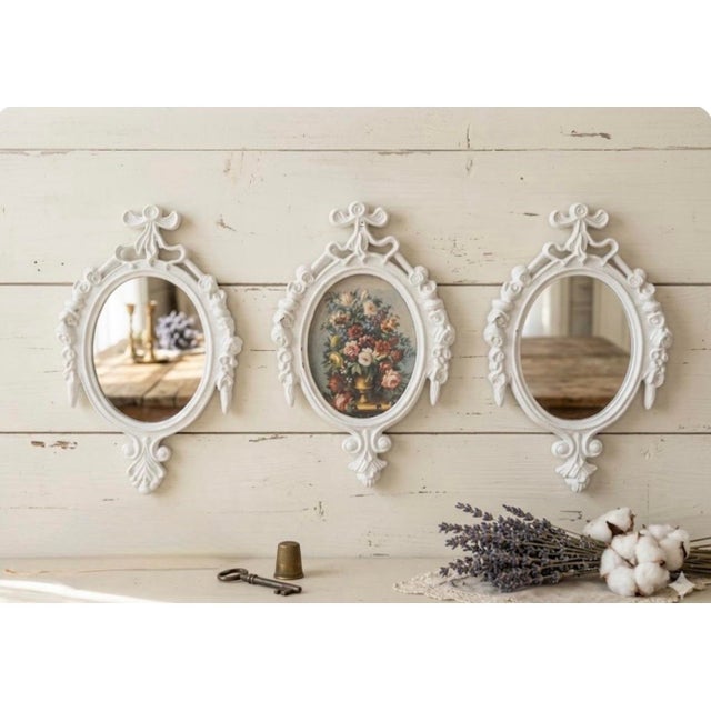 White Vintage Italian Baroque Cast Metal Miniature Triptych 3.75” X 6” - Set of 3 - Mirrors & Botanical Print For Sale - Image 8 of 8