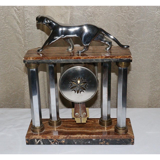 1920s Art Deco Michel Decoux Panther Marble & Chrome Clock - 3 Piece Set For Sale In Chicago - Image 6 of 8