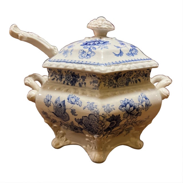 Antique English Staffordshire Blue Transfer Decorated Sauce Tureen “Windsor Festoon” For Sale