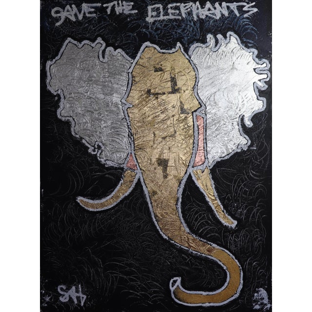 Black "Save The Elephants" Contemporary Mixed-Media Painting by Sax Berlin For Sale - Image 8 of 8
