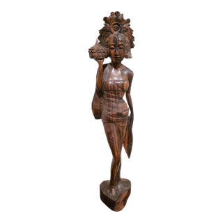 Large 18.5" Mid-Century Two-Tone Macassar Ebony Balinese Offering Maiden Sculpture For Sale