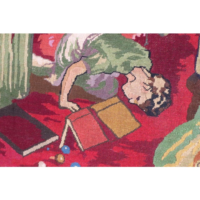 Green Victorian Style Framed Needlepoint Depicting a Family Parlor Scene For Sale - Image 8 of 9