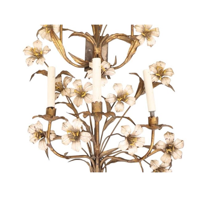 Mid 20th Century Vintage French Tole and Brass Floral Sconces For Sale - Image 5 of 9