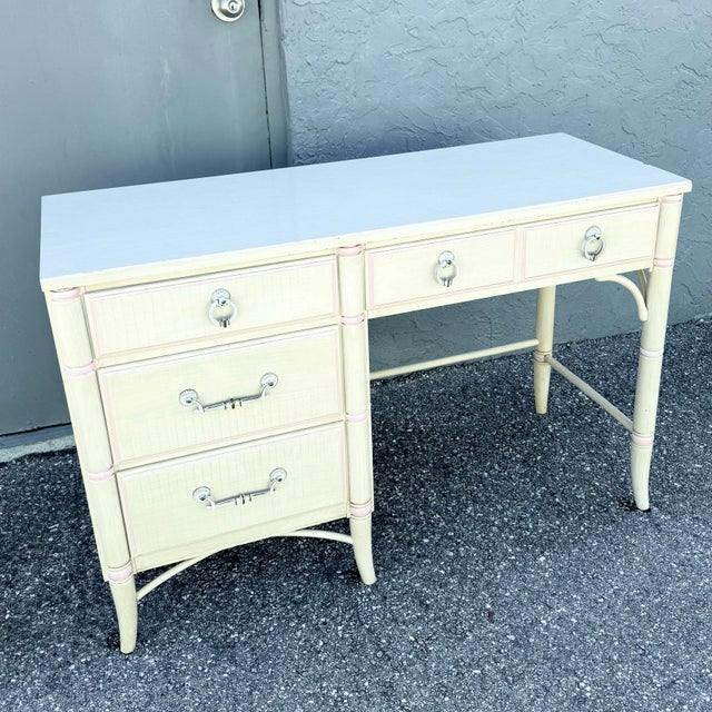 Coastal Vintage Coastal Faux Bamboo Cream and Pink Desk With Hutch by Thomasville For Sale - Image 3 of 12