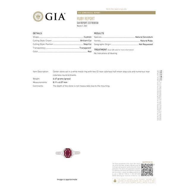 Modern Gia Certified No Heat Cushion Ruby Half Moon Diamond Platinum Cocktail Ring, Size 6.5 For Sale - Image 3 of 9