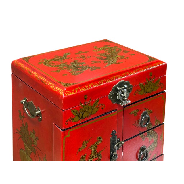 Chinese Oriental Red Dragon Phoenix Mirror Rectangular Jewelry Box For Sale - Image 11 of 11