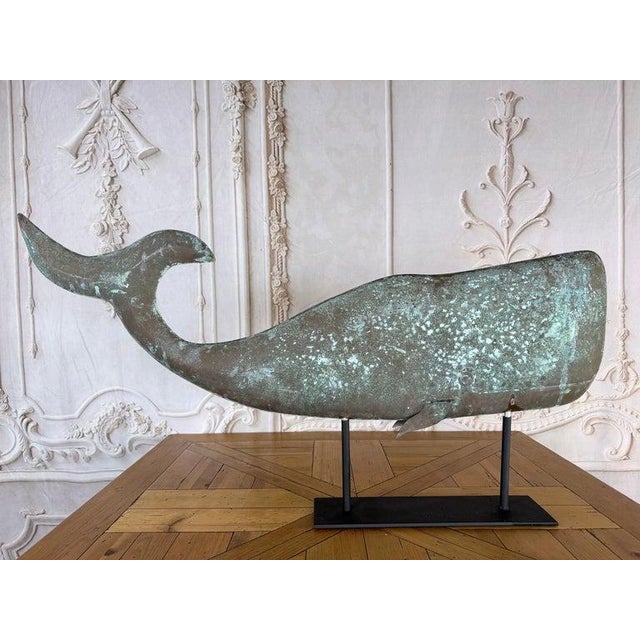 Folk Art Monumental American Folk Art Copper Whale Weathervane With Verdigris Patina For Sale - Image 3 of 13