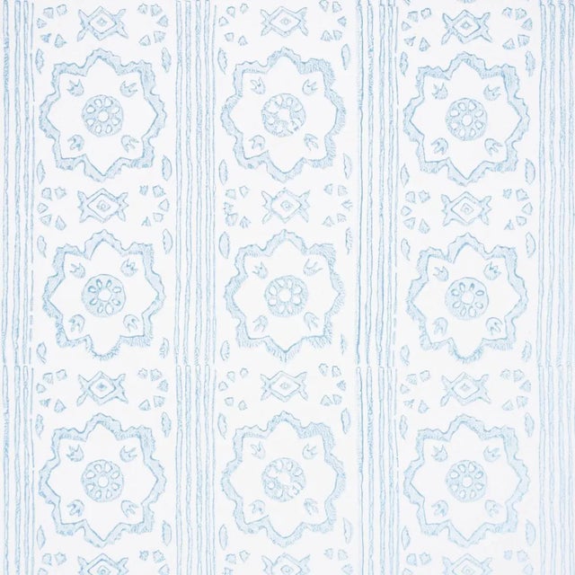 Traditional SAMPLE - Schumacher Sunda Hand Blocked Print Wallpaper In Sky For Sale - Image 3 of 4