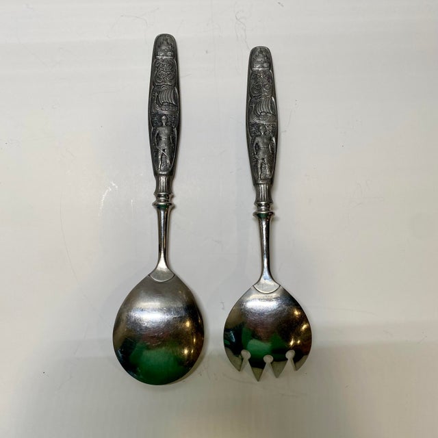 Metal Vintage Konge Tinn Hardanger Sylvplett Norwegian Pewter Serving Utensils Salad Spoon and Fork Set For Sale - Image 7 of 12