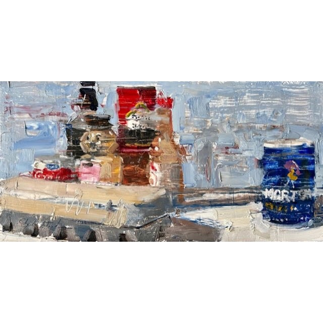 This oil painting presents a vibrant still life of pantry items, rendered with a dynamic application of color and texture....