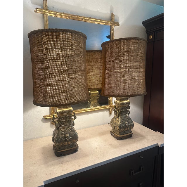 Brass Vintage Brass Urn Table Lamps With Elaborate Asian-Inspired Relief - Pair For Sale - Image 8 of 11