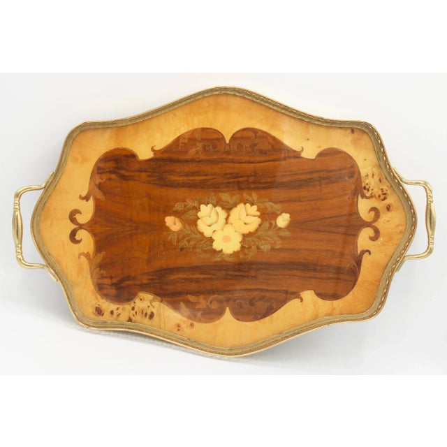 Mid Century Italian Marquetry Wooden Tray With Brass Handles For Sale - Image 9 of 9