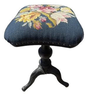 Early 1900s Cast Iron Stool With Blue Needlepoint Seat With Pastel Flowers