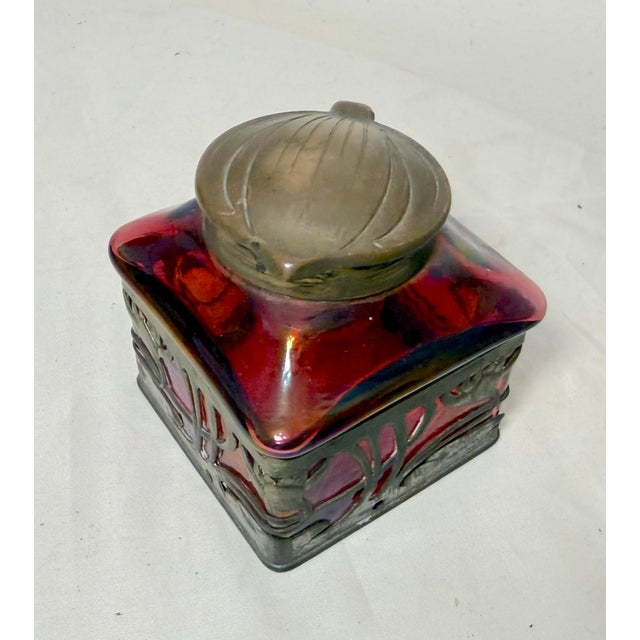 Art Nouveau Antique Carl Stolzle Austrian Art Nouveau Red Glass Bronze Writing Inkwell Jar For Sale - Image 3 of 18