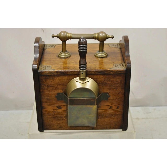 Antique Victorian Oak and Brass Fireplace Coal Scuttle Box Bucket W/ Scoop For Sale - Image 10 of 11