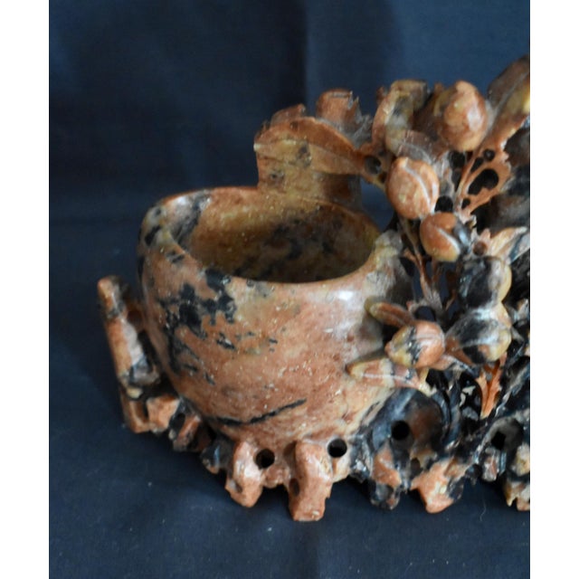 Red Antique Chinese Carved Soapstone Double Vase Floral Sculpture Pot Red Black For Sale - Image 8 of 14