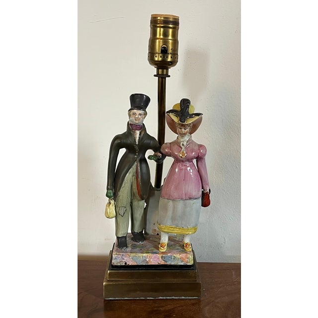Ceramic Antique Early 19th Century English Staffordshire Figure of a Regency Couple Mounted as a Table Lamp For Sale - Image 7 of 7