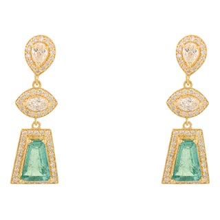 18k Tapered Baguette Emerald & Cluster Diamond Earrings- A Pair For Sale