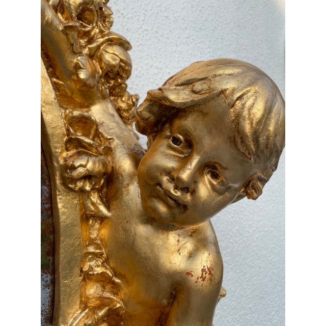 Hollywood Regency Restored Vintage 1960s Cherub Wall Mirror – Faux Gold Leaf Finish, Epoxy Resin Frame, Crown & Putti Design For Sale - Image 3 of 8