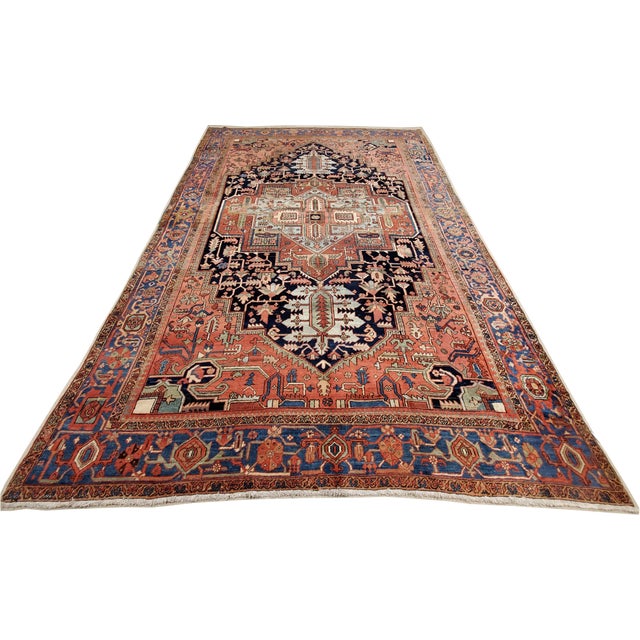 Antique Persian Heriz Carpet Handmade Wool Oriental Rug, Rust, Navy, Light Blue For Sale - Image 9 of 18
