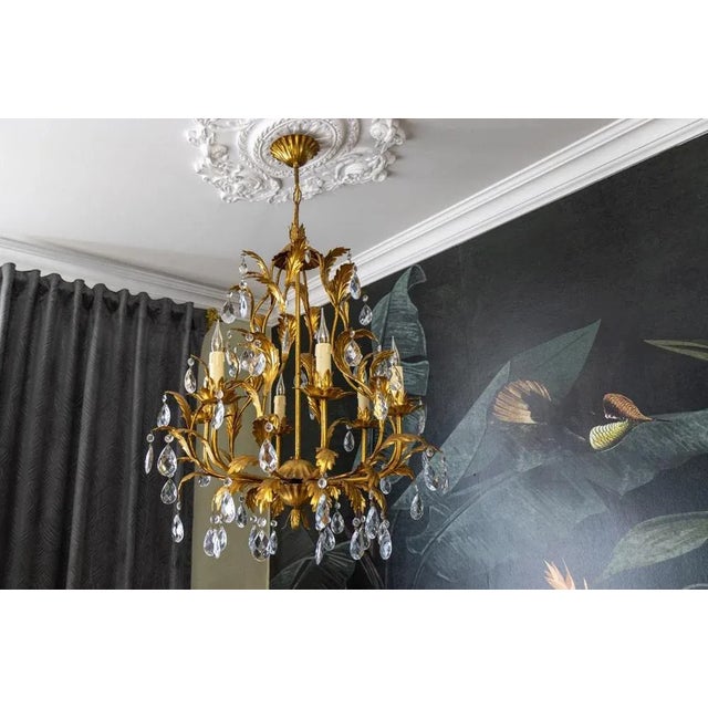 Hollywood Regency Style Gilt Metal and Crystal Glass Six-Light Chandelier, Italy For Sale - Image 9 of 18