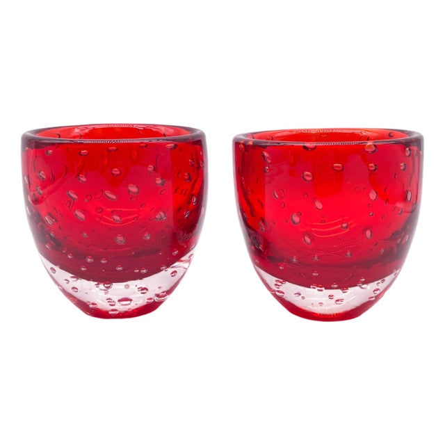 Red Murano Glass Bowls with Trapped Air Bubbles by Scarpo for Venini, 1960s, Set of 2 For Sale